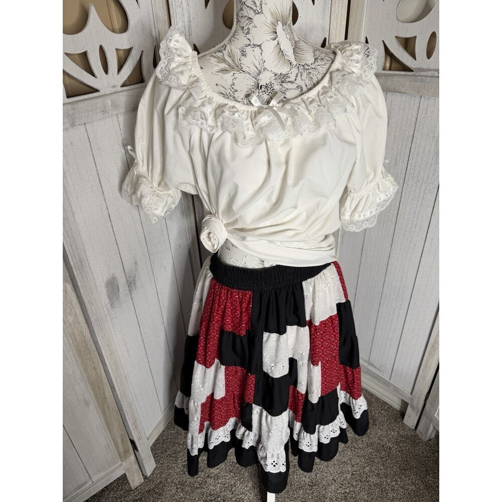 Vintage 80s Square Dance Skirt & Top Square Up Fashions Patchwork Lace Medium